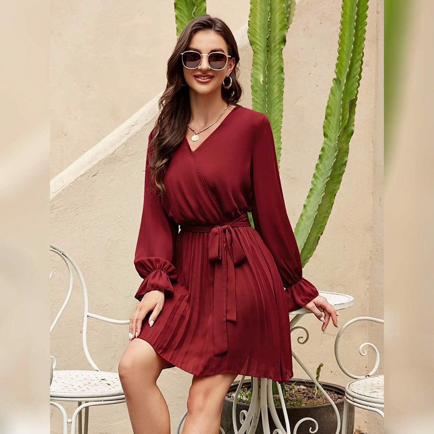 Wrap V-Neck Pleated Mini Dress | Lantern Sleeve A-Line with Belt