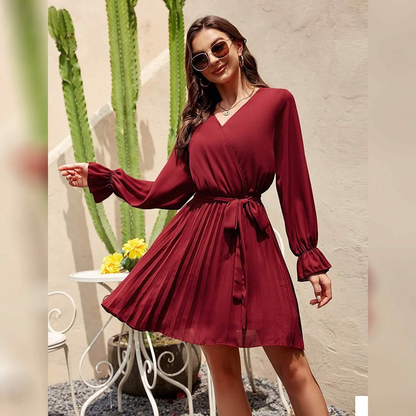 Wrap V-Neck Pleated Mini Dress | Lantern Sleeve A-Line with Belt