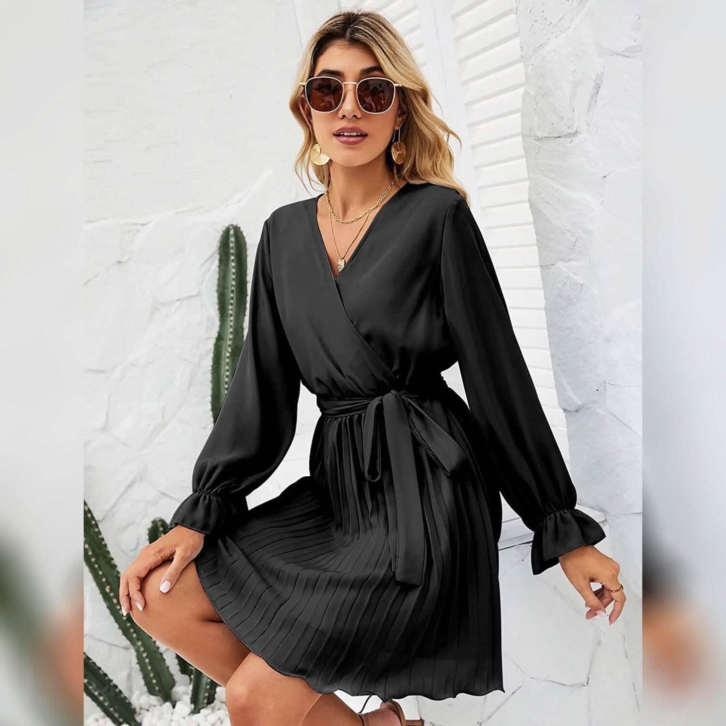 Wrap V-Neck Pleated Mini Dress | Lantern Sleeve A-Line with Belt