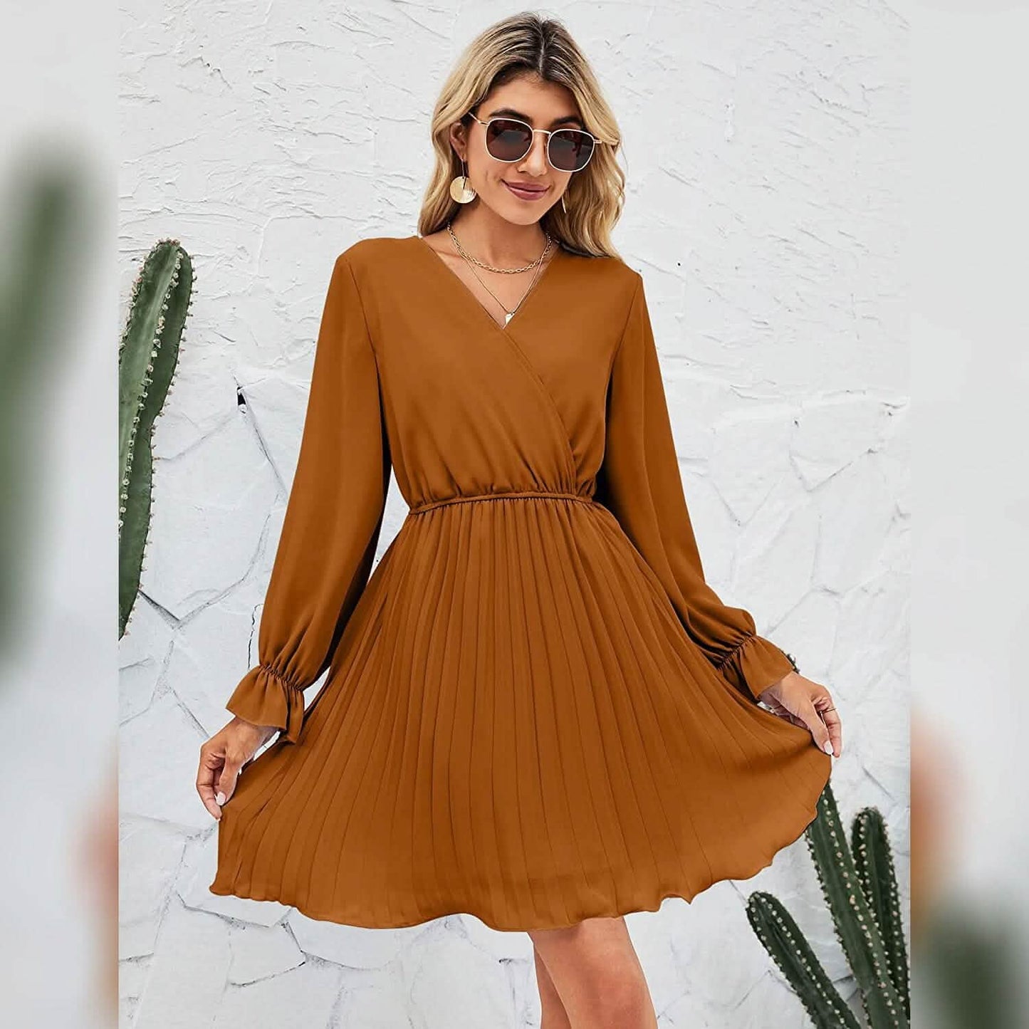 Wrap V-Neck Pleated Mini Dress | Lantern Sleeve A-Line with Belt