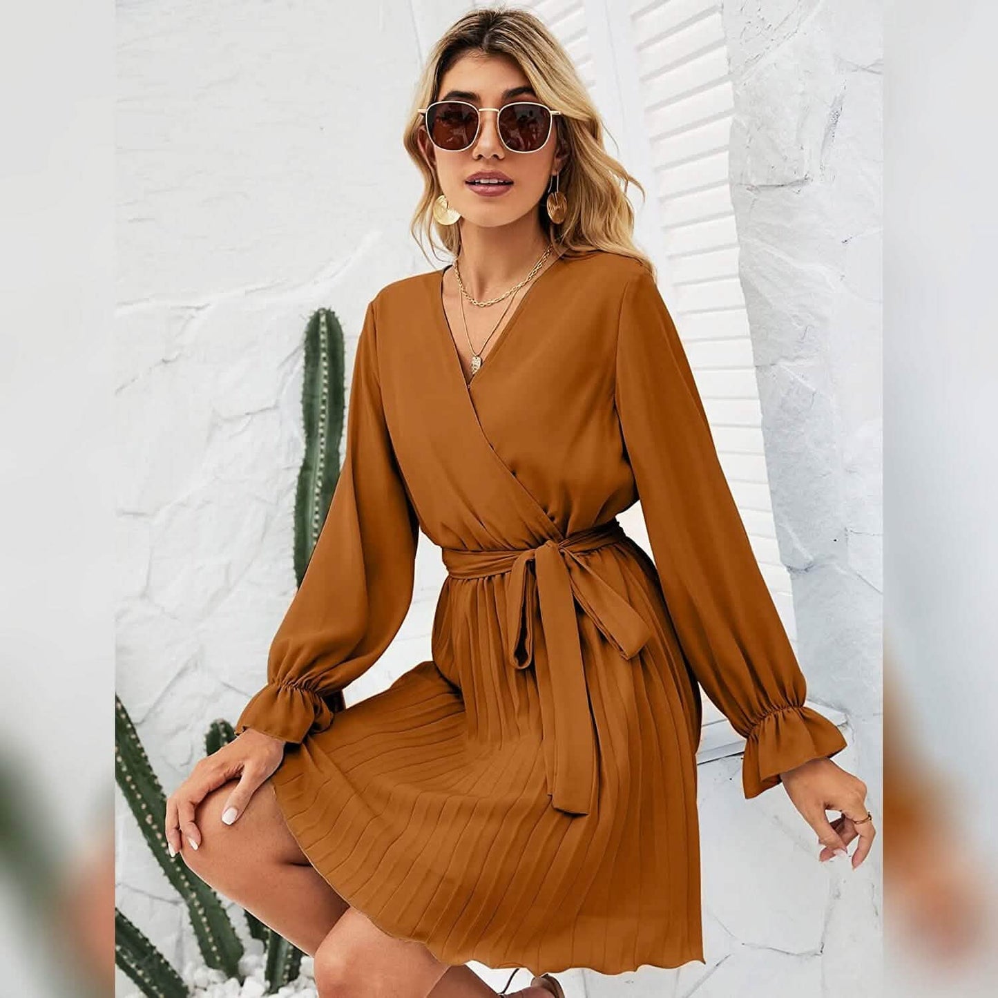 Wrap V-Neck Pleated Mini Dress | Lantern Sleeve A-Line with Belt