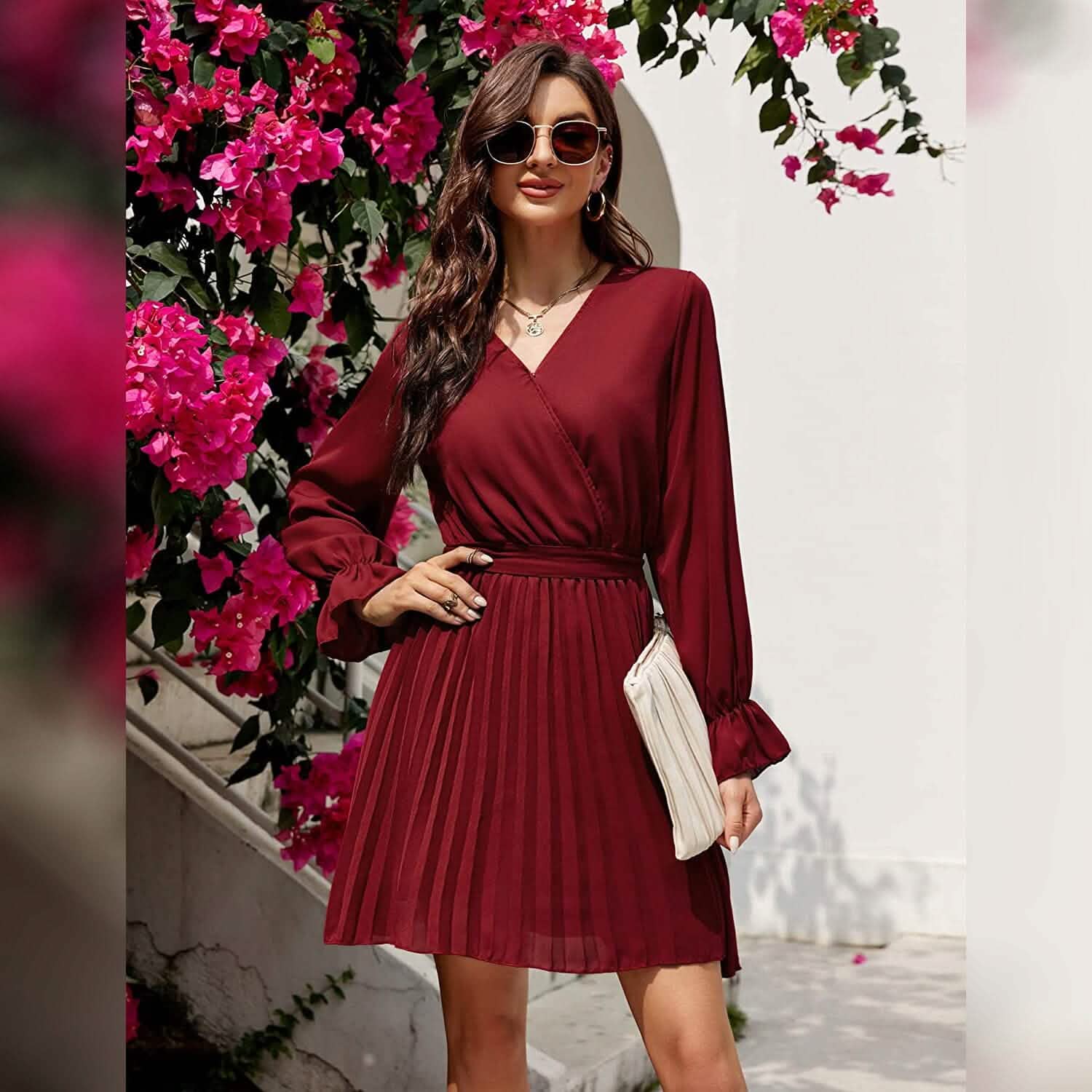 Wrap V-Neck Pleated Mini Dress | Lantern Sleeve A-Line with Belt