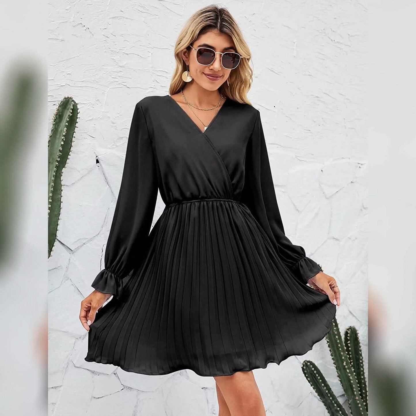 Wrap V-Neck Pleated Mini Dress | Lantern Sleeve A-Line with Belt