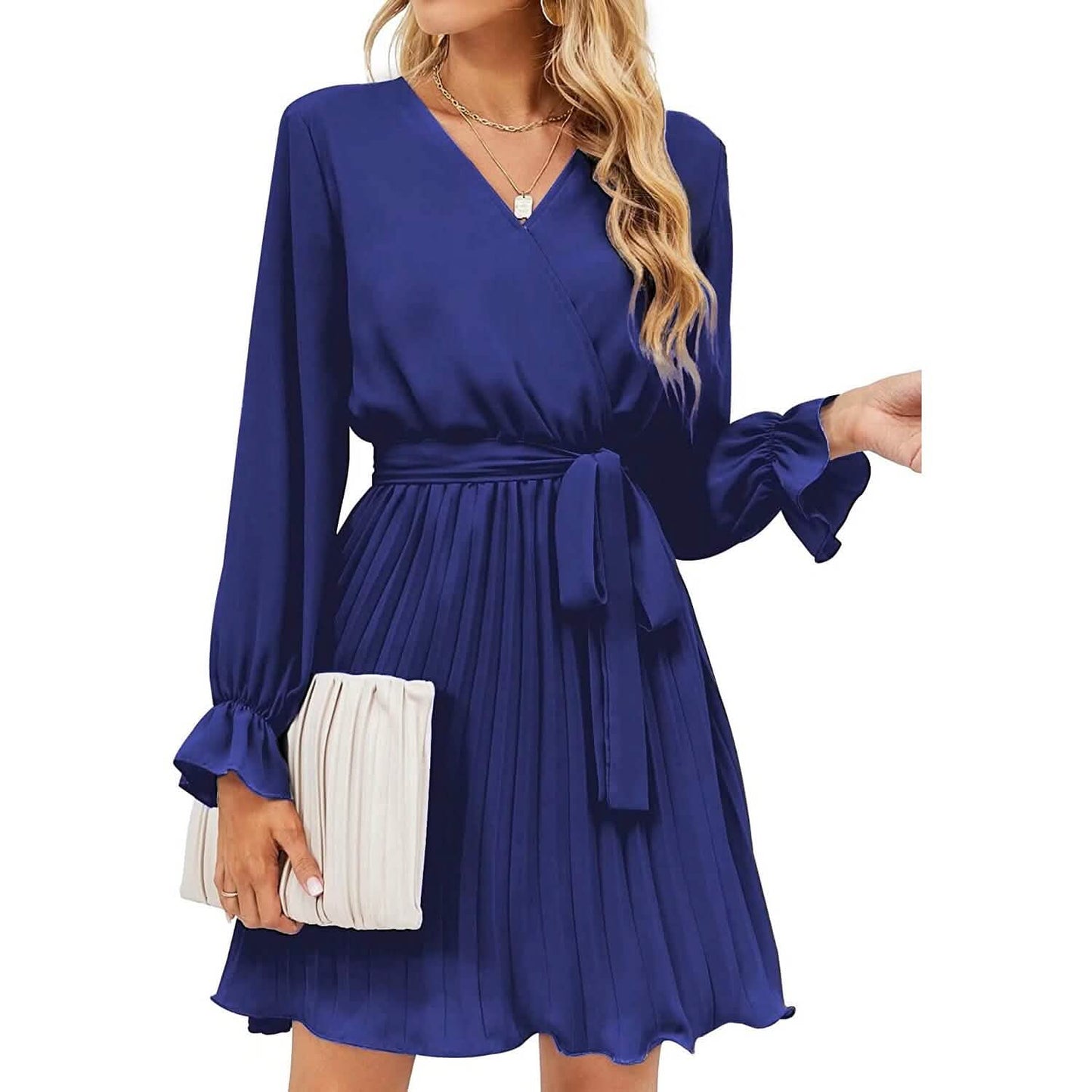 Wrap V-Neck Pleated Mini Dress | Lantern Sleeve A-Line with Belt Navy