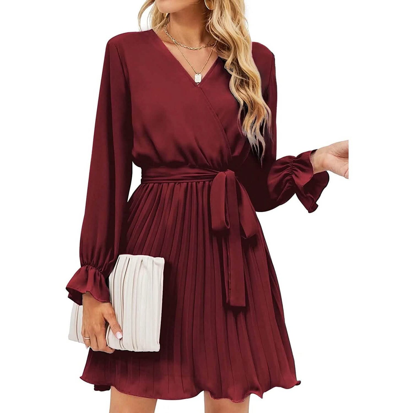 Wrap V-Neck Pleated Mini Dress | Lantern Sleeve A-Line with Belt Wine Red