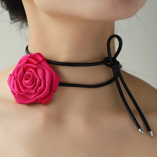 Extravagant Black Rope and Genuine Leather Roses Necklace